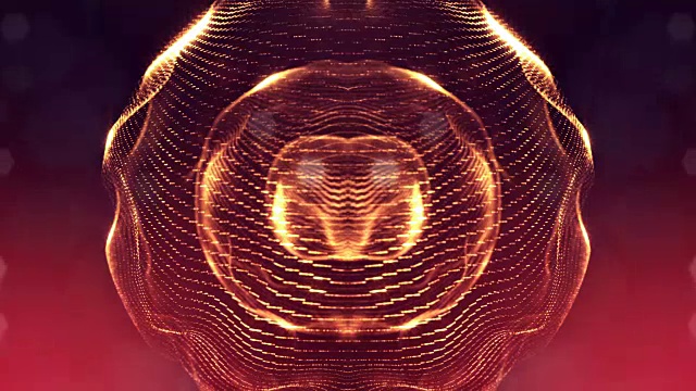 3d循环动画作为数字科幻小说的背景发光粒子像在纳米世界具有景深，散景。粒子形成线，表面网格或神秘的虚拟空间。红金3