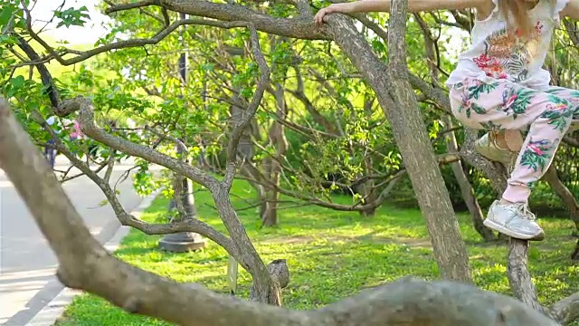 可爱的女孩在盛开的苹果树花园里享受温暖的一天
