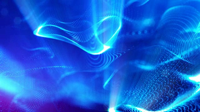 粒子形成线，表面网格或神秘的虚拟空间。3d无缝动画作为数字科幻小说背景发光粒子与景深，散景。蓝色的字符串1