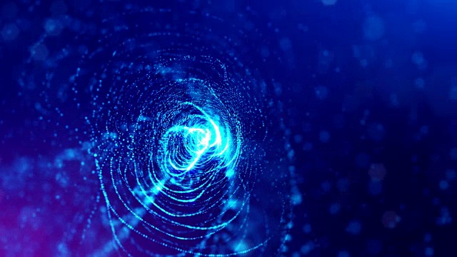 粒子形成线，表面网格或神秘的虚拟空间。3d无缝动画作为数字科幻小说背景发光粒子与景深，散景。蓝色圆形结构3