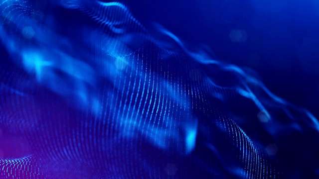 粒子形成线，表面网格或神秘的虚拟空间。3d无缝动画作为数字科幻小说背景发光粒子与景深，散景。蓝弦4