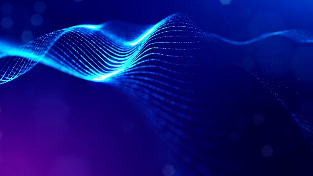 粒子形成线，表面网格或神秘的虚拟空间。3d无缝动画作为数字科幻小说背景发光粒子与景深，散景。蓝弦6