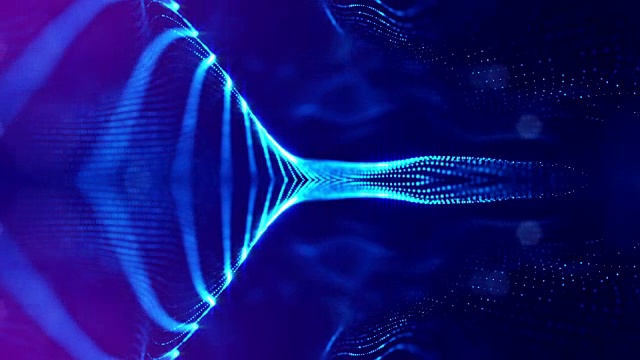粒子形成线，表面网格或神秘的虚拟空间。3d无缝动画作为数字科幻小说背景发光粒子与景深，散景。蓝弦7