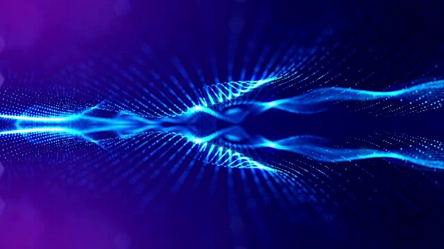 粒子形成线，表面网格或神秘的虚拟空间。3d无缝动画作为数字科幻小说背景发光粒子与景深，散景。蓝弦8