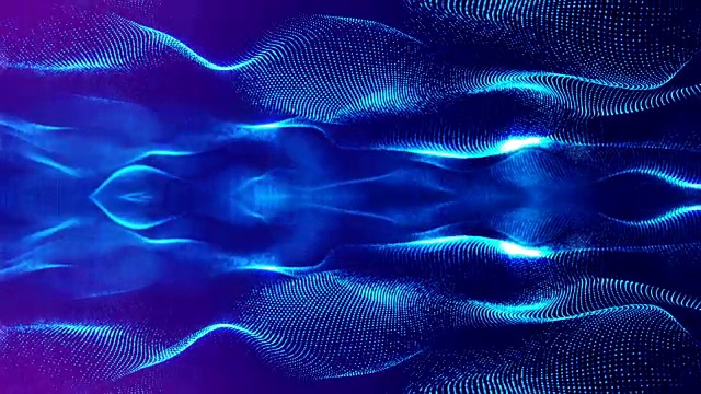 粒子形成线，表面网格或神秘的虚拟空间。3d无缝动画作为数字科幻小说背景发光粒子与景深，散景。蓝弦10