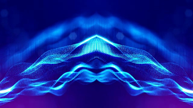 粒子形成线，表面网格或神秘的虚拟空间。3d无缝动画作为数字科幻小说背景发光粒子与景深，散景。蓝弦14