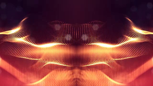 粒子形成线，表面网格或神秘的虚拟空间。3d无缝动画作为数字科幻小说背景发光粒子与景深，散景。红金弦1