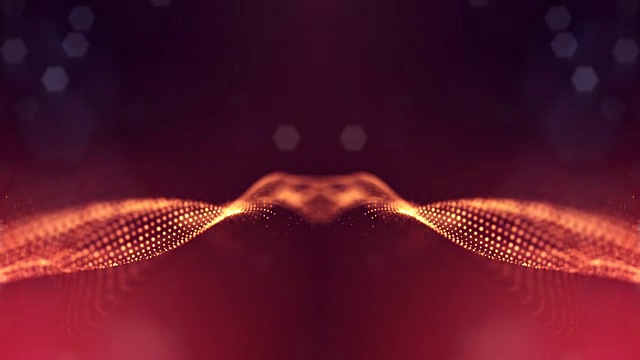 粒子形成线，表面网格或神秘的虚拟空间。3d无缝动画作为数字科幻小说背景发光粒子与景深，散景。红金弦3