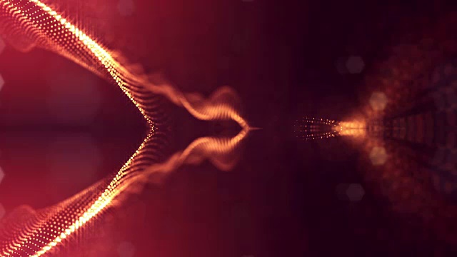 粒子形成线，表面网格或神秘的虚拟空间。3d无缝动画作为数字科幻小说背景发光粒子与景深，散景。红金弦5