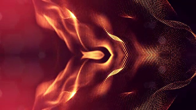 粒子形成线，表面网格或神秘的虚拟空间。3d无缝动画作为数字科幻小说背景发光粒子与景深，散景。红金弦6