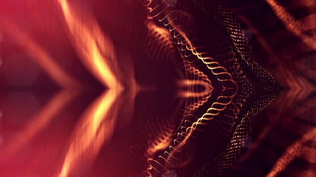 粒子形成线，表面网格或神秘的虚拟空间。3d无缝动画作为数字科幻小说背景发光粒子与景深，散景。红金弦7
