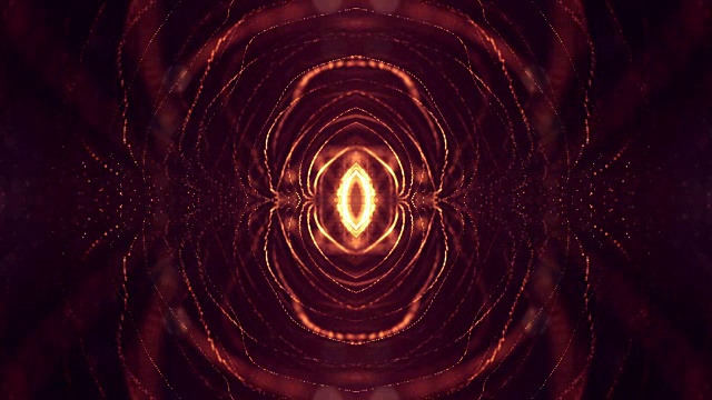 粒子形成线，表面网格或神秘的虚拟空间。3d无缝动画作为数字科幻小说背景发光粒子与景深，散景。红金色圆形结构