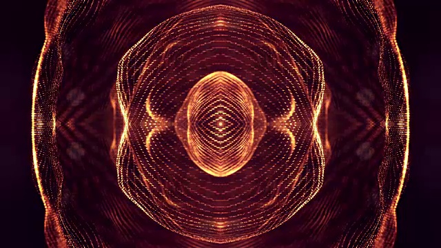 粒子形成线，表面网格或神秘的虚拟空间。3d无缝动画作为数字科幻小说背景发光粒子与景深，散景。红金色圆形结构