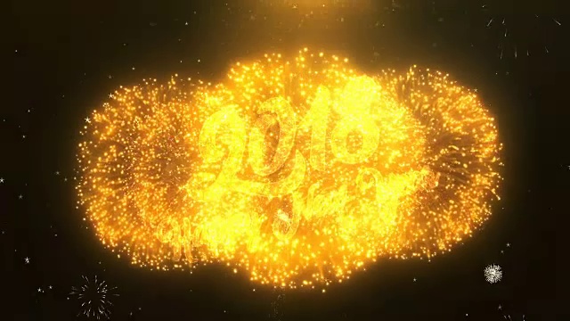 2018年新年祝福贺卡文字揭示从金色烟花和烟花闪烁魔术粒子火花之夜庆祝，祝愿，事件，信息，节日，节日