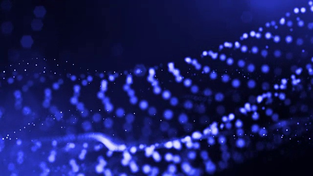 4k 3d辉光粒子渲染抽象无缝动态背景与景深和散景。科幻小说或微观空间、数字空间或抽象空间。3 d动画循环。蓝点1