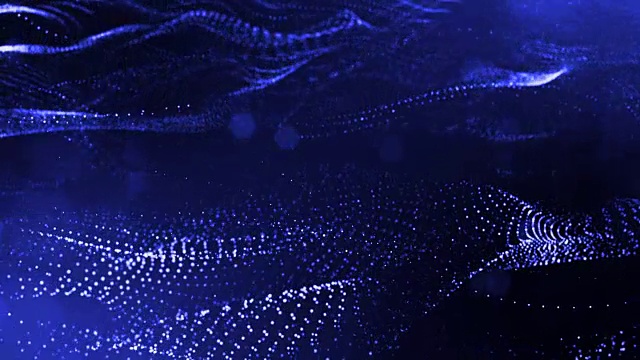 4k 3d辉光粒子渲染抽象无缝动态背景与景深和散景。科幻小说或微观空间、数字空间或抽象空间。3 d动画循环。蓝弦20