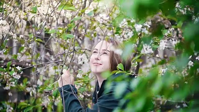 盛开的丁香，女孩享受着花香