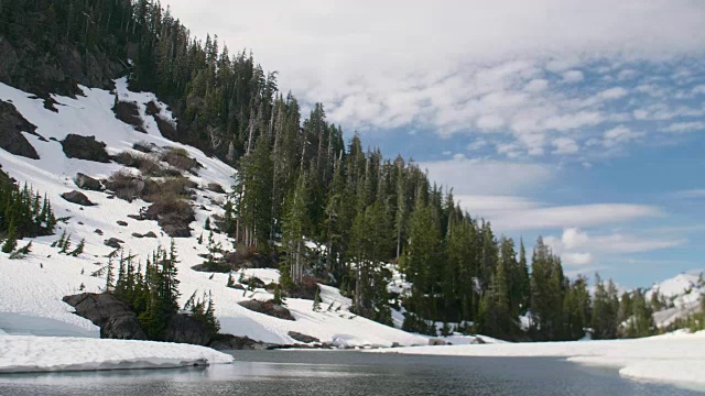 雪山河流森林云覆盖蓝天背景