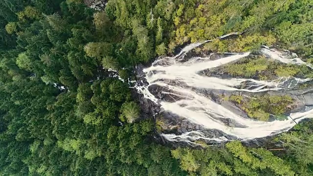 从上到下鸟瞰图多个瀑布下降到热气腾腾的雨林树冠