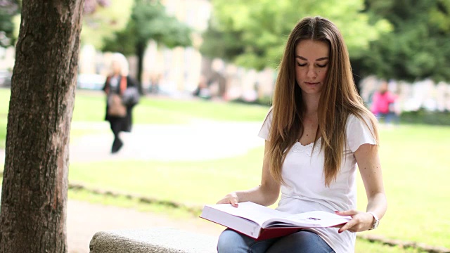 美丽的女大学生在公园的长椅上看书