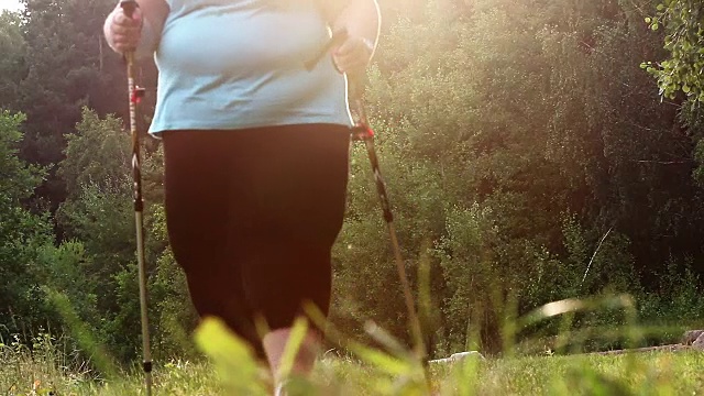 一个超重的女人在森林小径上行走。减肥和积极的生活方式主题。