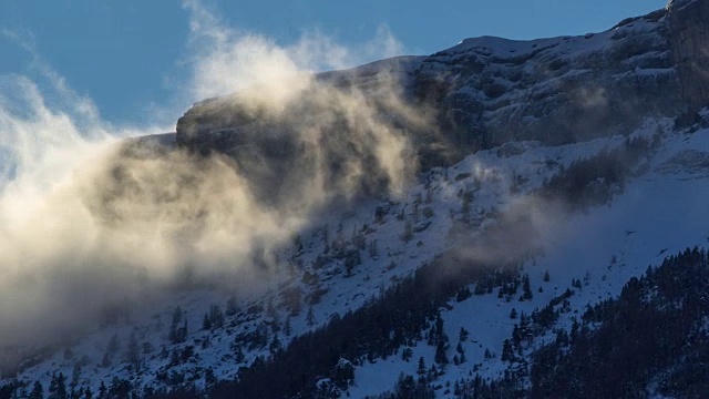 冬季的休兹山崖(延时)。Hautes-Alpes,阿尔卑斯山,法国