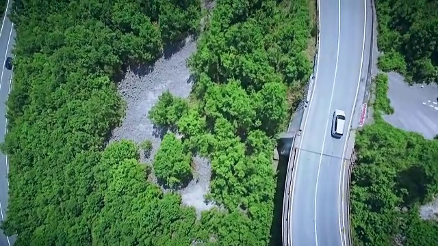 鸟瞰图一个弯曲的道路与汽车通过。山路