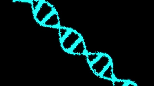 数字全息蓝色DNA。旋转的DNA链是由单个元素组装而成的。基因工程的科学概念。科学的片段。4 k