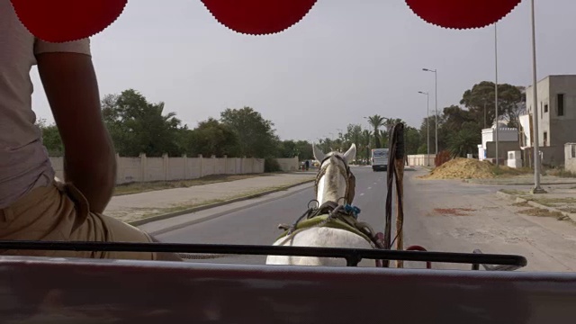 从马车和车夫在城市街道上行驶的观点。街上有马和公共汽车。