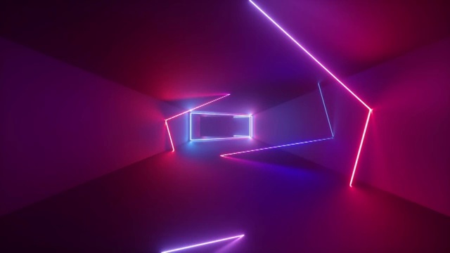 詳情圖-3d渲染，抽象的幾何背景，熒光紫外線，發(fā)光的霓虹線在隧道內(nèi)旋轉(zhuǎn)，藍(lán)色，紅色，粉紅色，紫色光譜，形狀旋轉(zhuǎn)，循環(huán)動畫