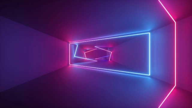 詳情圖-3d渲染，抽象的幾何背景，熒光紫外線，發(fā)光的霓虹線在隧道內(nèi)旋轉(zhuǎn)，藍(lán)色，紅色，粉紅色，紫色光譜，形狀旋轉(zhuǎn)，循環(huán)動畫