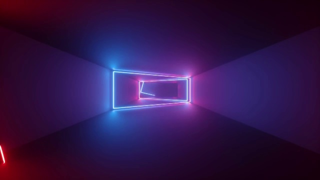 詳情圖-3d渲染，抽象的幾何背景，熒光紫外線，發(fā)光的霓虹線在隧道內(nèi)旋轉(zhuǎn)，藍(lán)色，紅色，粉紅色，紫色光譜，形狀旋轉(zhuǎn)，循環(huán)動畫